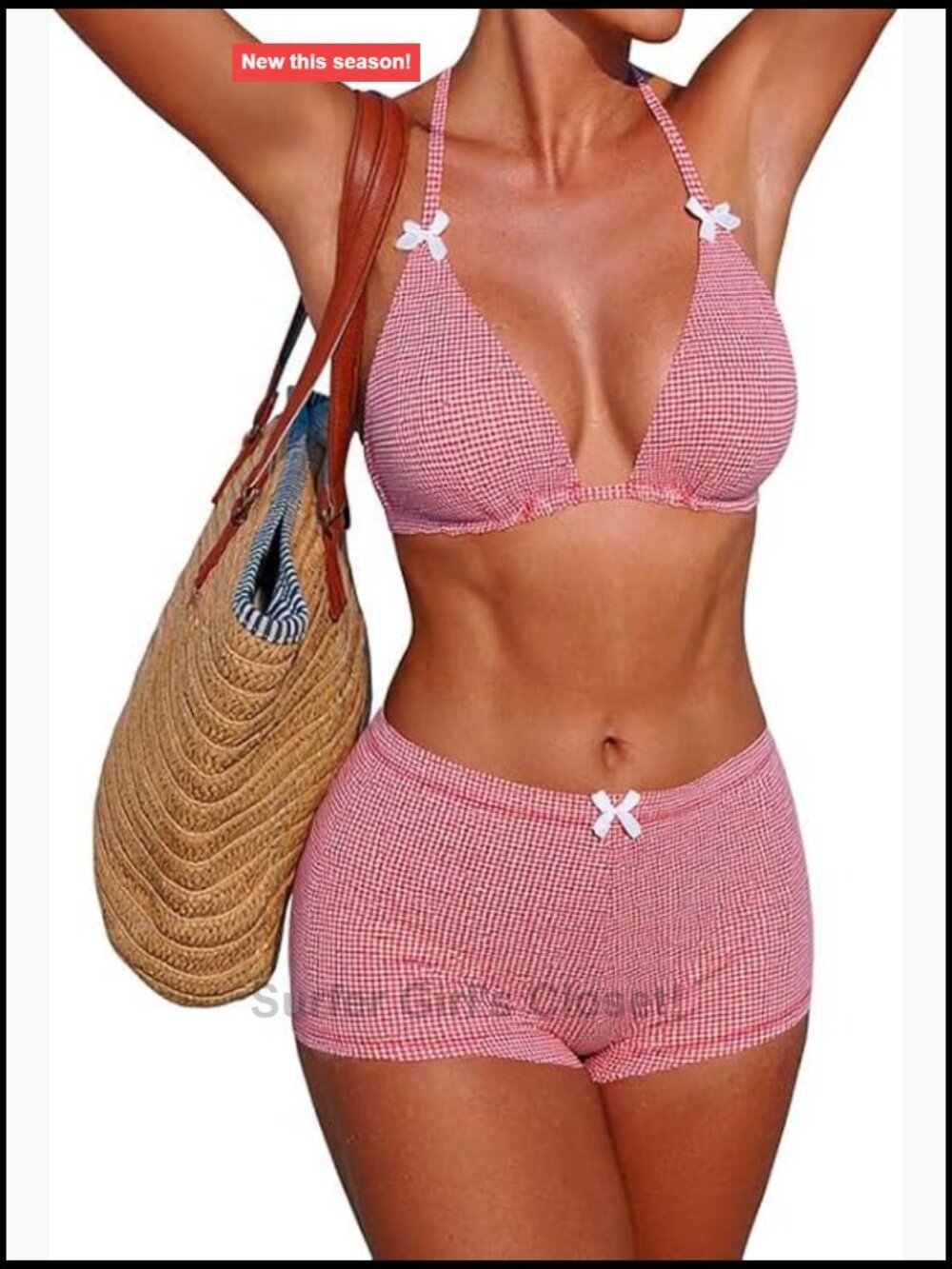 Gingham Halter Triangle Bikini Top With Boyshort Bottoms Set